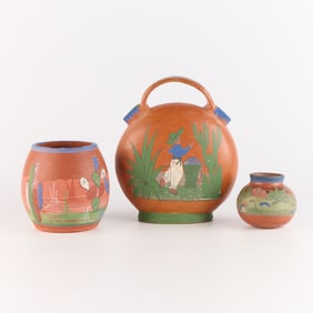 3 Mexican Opaco Style Tonala Redware Pottery Vases
