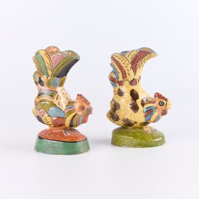 2 Mexican Tlaquepaque Pottery Chicken Vases