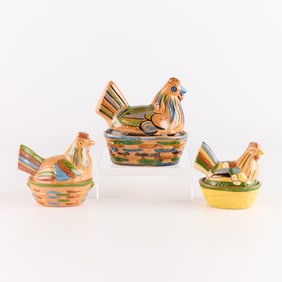 3 Small Mexican Tlaquepaque Pottery Chicken Dishes