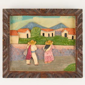 Mexican Carved Wooden Bas Relief Scene