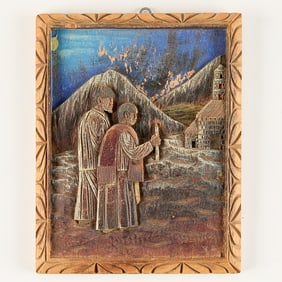 Mexican Carved Wooden Bas Relief Scene