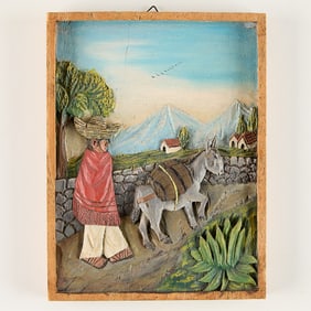 Mexican Folk Art Wooden Bas Relief Panel
