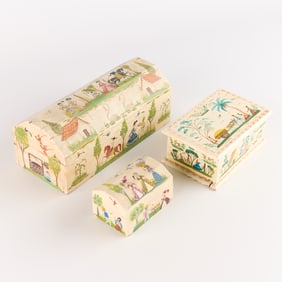 3 Olinala Mexican Folk Art Painted Wooden Boxes