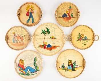 7 Mexican Folk Art Crackle Wood Trays w/ Rope