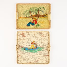2 Mexican Folk Art Crackle Wood Trays w/ Rope