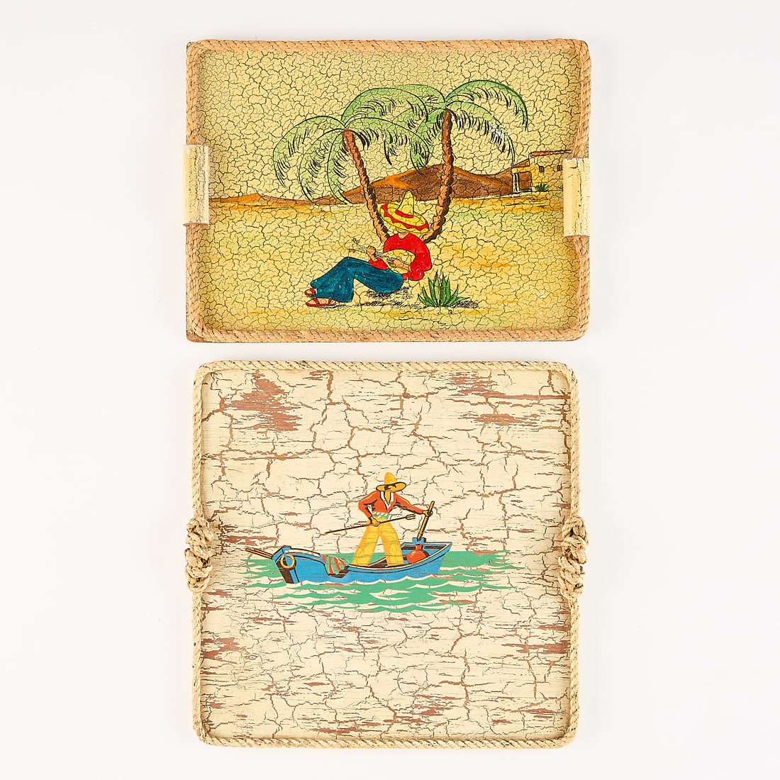 2 Mexican Folk Art Crackle Wood Trays w/ Rope (1 of 5)