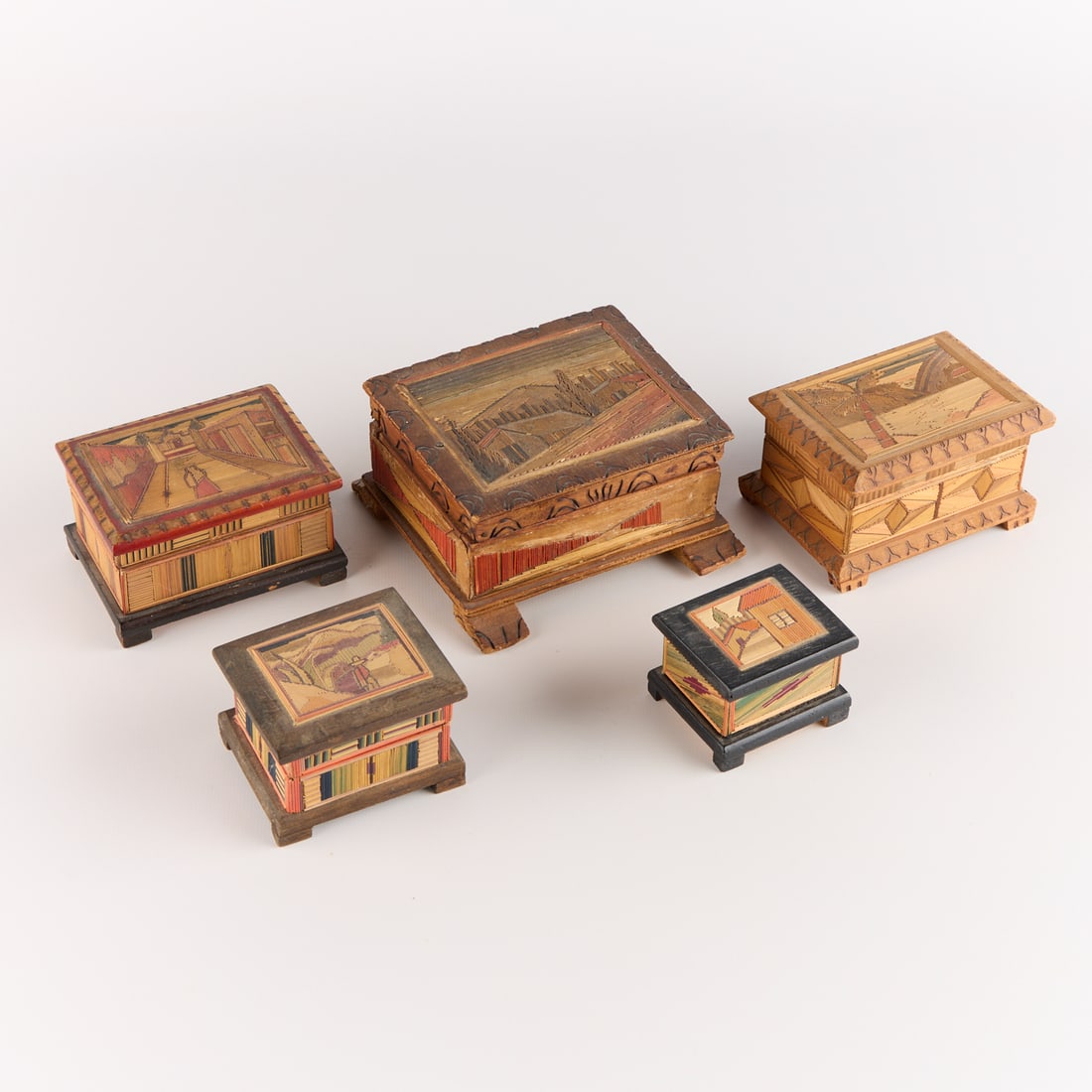 5 Mexican Popotillo Straw Mosaic Inlaid Wood Boxes (1 of 3)