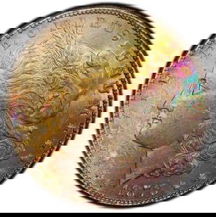 1878 7TF Morgan Silver Dollar PCGS MS63 Rainbow: One 1878 7-tail feather reverse of 1878 Morgan silver dollar coin. Graded by PCGS as MS-63. With a very attractive rainbow luster covering over half of the obverse; further rainbow hue along the edges