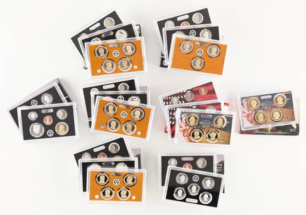 8 U.S. Mint Silver Proof Sets: Group of U.S. Mint silver proof sets including 2007, 2008, 2013, 2014, 2015, 2016, 2018, and 2019. Including presidential dollar coins, pennies, dimes, nickels, and quarters. With original packaging.(
