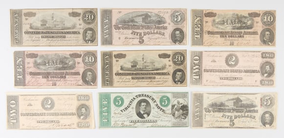 9 Confederate Richmond Civil War Era Bills & Notes