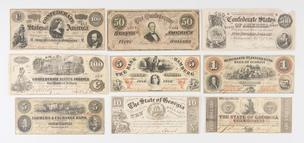 9 Confederate CSA Civil War Era Bills & Notes