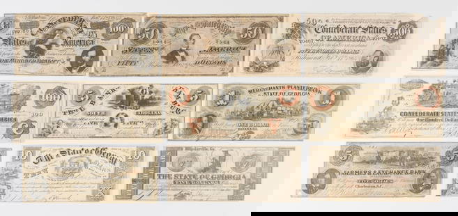 9 Confederate CSA Civil War Era Bills & Notes: Group of nine Confederate bills, most Civil War era, including:One Richmond $500 note, dated February 17, 1864, numbered 20407.One Richmond $100 note, dated February 17, 1864, numbered 861.One Richmon