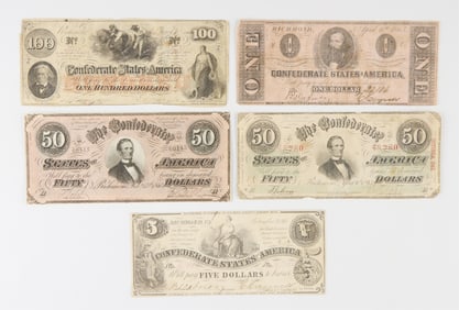5 Confederate Richmond Civil War Era Bills & Notes