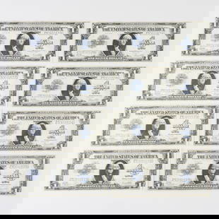 8 Sequential U.S. 1923 $1 Silver Certificates: Group of eight sequential U.S. 1923 &quot;horse blanket&quot; $1 blue seal silver bills. With the following serial numbers: Z30691572D, Z30691573D, Z30691574D, Z30691575D, Z30691576D, Z30691577D, Z306