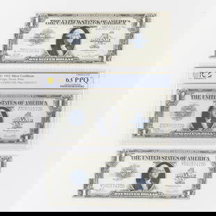 3 U.S. 1923 $1 Silver Certificates: Group of three U.S. 1923 &quot;horse blanket&quot; $1 blue seal silver certificate bills. One graded by PCGS as Choice UNC 63 PPQ; the other two are of similar quality, ungraded. With the following se
