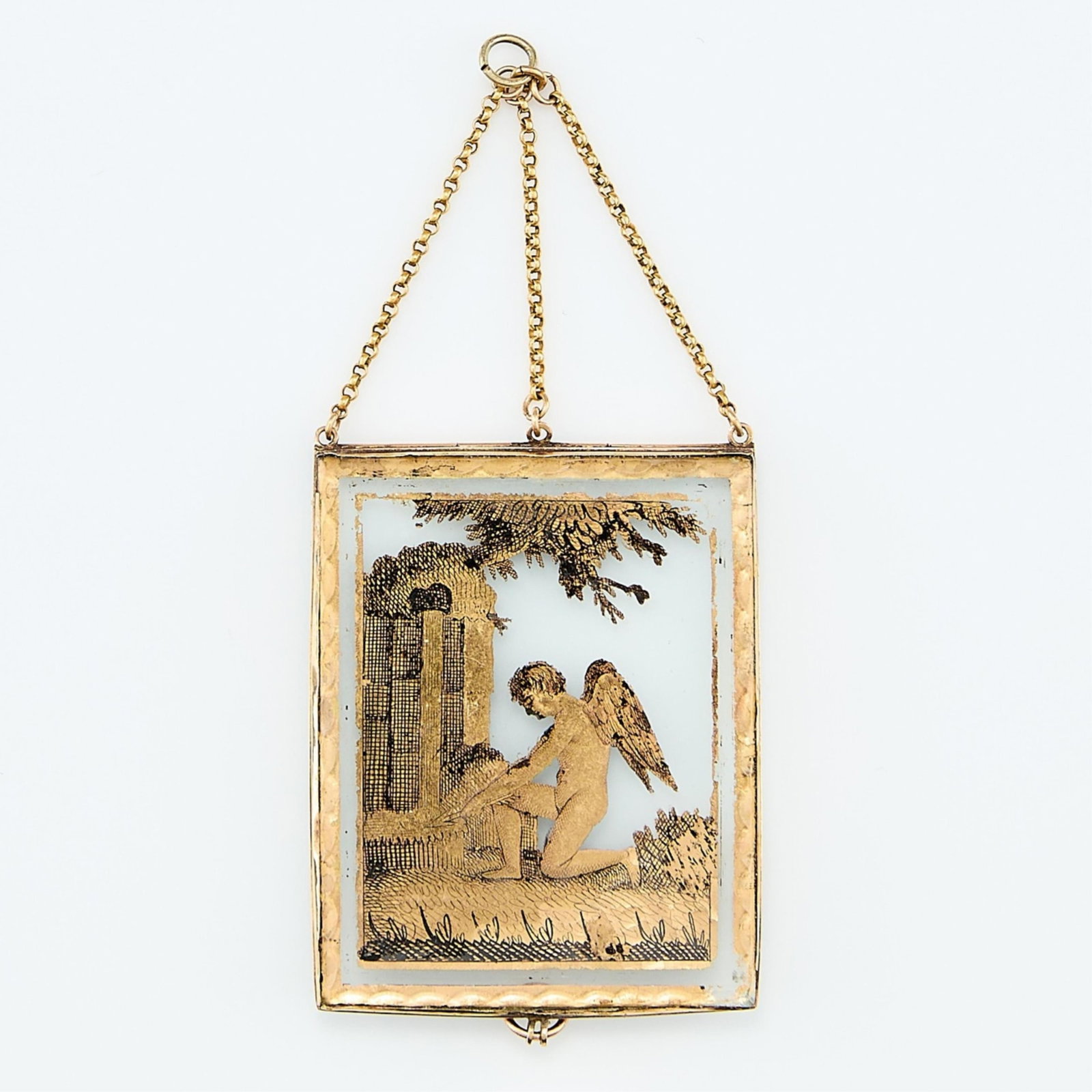 Georgian Verre Eglomise Pendant: Georgian Neoclassic verre eglomise pendant depicting cupid laying down his arrow in a pastoral setting. Set in a gold palted frame suspended from three chains and with suspension ring at the bottom. V