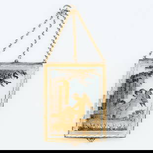 Georgian Verre Eglomise Pendant: Georgian Neoclassic verre eglomise pendant depicting cupid laying down his arrow in a pastoral setting. Set in a gold palted frame suspended from three chains and with suspension ring at the bottom.Ve