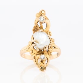 14k Yellow Gold Pearl & Diamond Ring