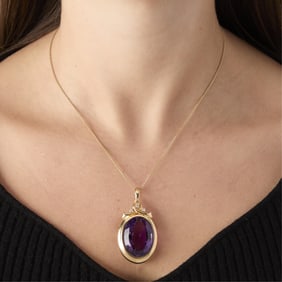 14k Large Amethyst & Diamond Pendant