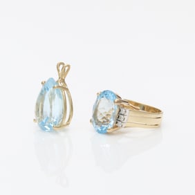 2 Pcs 14k Yellow Gold & Blue Topaz