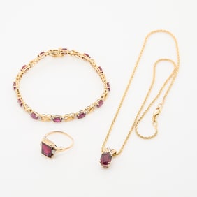 14k Gold & Ruby Ring & Bracelet w/ Garnet Necklace
