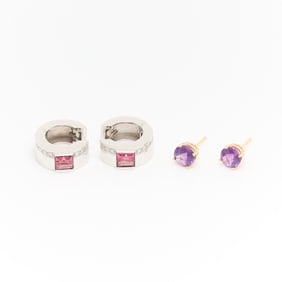 18k White Gold Hoops & 14k Amethyst Studs