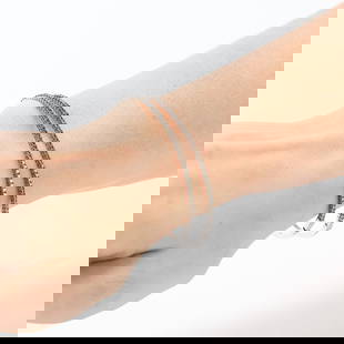 2 18k White Gold & Diamond Bangles: Two 18k white gold and diamond bangles. The top half of each bangle featuring a row of prong set brown tone round brilliant cut diamonds. Approximately 44 diamonds per bracelet, 0.70. ctw of diamonds.