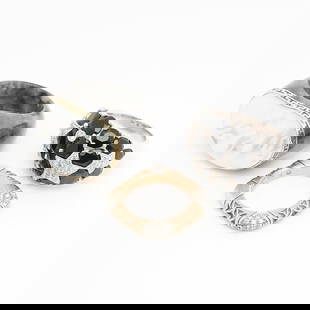 3 Modern Gold Rings: Group of three modern rings, including:One Alishan 18k rose gold and platinum ring of square form. With rose gold body over laid platinum and with platinum corners. Two corners set with 28 small full