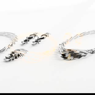 Asch Grossbardt 18k & Sterling Jewelry: Group of three pieces of Asch Grossbardt jewelry, including:One 18k yellow gold and sterling silver hinged bangle of twister snake form design with fine inlay of mother of pearl and onyx scales. Hinge