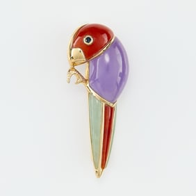 14k & Hardstone Parrot Brooch