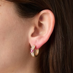 14k Yellow Gold Ruby and Diamond Hoops