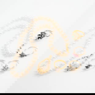 6 Pieces Gold Jewelry: Group of six pieces of gold jewelry including:One strand of 7mm to 8mm slightly baroque pearls, on a knotted silk cord, with a 14k yellow gold box clasp with a Chinese character and safety latch. Mark