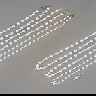 4 Pcs Pearl & Gold Jewelry: Group of three pearl necklace and one pearl pendant.One strand of 7.5 mm pearls on a 14k white gold clasp, one strand of 7.5 mm pearls on a gold filled clasp, one strand 5 mm pearls with an unmarked c