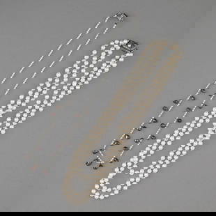 French Pearl & Diamond Necklace & Pearl 3 Strand: Group of two pearl necklaces, including:One French 18k white gold pearl and diamond necklace comprised of a strand of 2mm pearls suspending 21 brown diamond briolette of graduating size, interspersed
