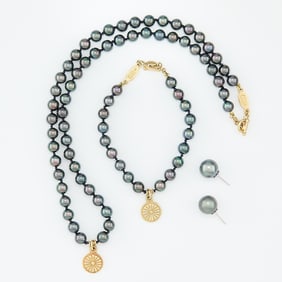 Gold & Pearl Necklace Bracelet & Earrings