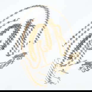 Group 6 Chains: Group of six chains and watch chains, including two dog clip and toggle watch chains in base metal and four chains including one gold filled chain with pearl pendant.Length ranges from 12 in to 23 in.