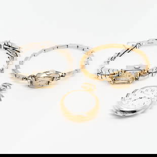 3 Gold Ladies Watches: Group of ladies watches including:One 14k yellow gold filled Elgin watch on an expandable base metal bracelet.One 14k white gold Longines watch with eight small single cut diamonds, on a 14k white gol