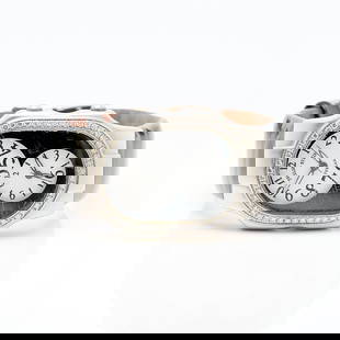 Philip Stein Teslar Watch w/ Diamonds: Philip Stein Teslar watch with a steel case with two white dials and two crowns. The case surrounded by an oval of small full cut diamonds. On a Philip Stein branded black leather watch strap with bra