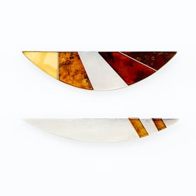 2 Sterling & Amber Modernist Brooches