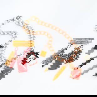 Martha Sleeper School Days Necklace & Brooch: Martha Sleeper 'School Days' bakelite themed jewelry including:One necklace comprised of translucent links and five bakelite charms including an eraser, a fountain pen, a speller book, a pencil and an