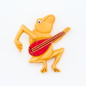 Articulated Bakelite Frog & Guitar Brooch