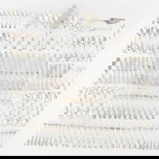 106 Pcs Towle Sterling "King Richard" Flatware: Towle, United States. Set of 106 pieces of sterling silver flatware in the &quot;King Richard&quot; pattern. Comprised of: 12 dinner forks, 16 luncheon forks, 14 oyster forks, 12 soup spoons, 14 teasp