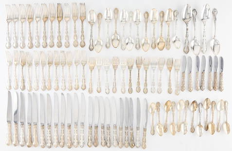 92 pc Gorham Sterling Versailles Flatware - 98 ozt: Gorham, United States. Set of 92 pieces of Gorham &quot;Versailles&quot; pattern silverware, including: eight dinner knives with stainless blades, 14 luncheon knives with stainless blades, seven butte