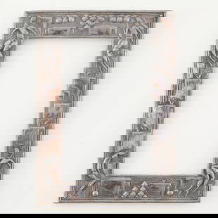 Attr. Werkstate Hagenauer Silverplate Relief Metal Frame: Attributed to Karl Hagenauer (Austrian, 1898-1956). Silver-plated metal frame depicting whimsical figural geometric and Art Deco motifs in relief, ca. 1930.Keywords: Werkstatte Hagenauer, Austrian Suc