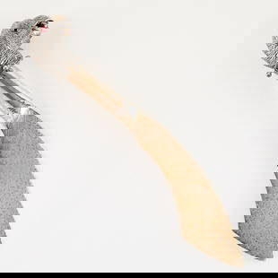 Kennard & Jenks Sterling Parrot Letter Opener: Kennard & Jenks (Boston, 1876-1879). Sterling silver letter opener. The handle with an ornate parrot pommel with red glass eyes and spherical pendants along the neck. The blade of scimitar form with o