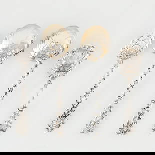 4 American Sterling Silver Spoons 5.2 ozt: Group of four American sterling silver utensils. Including:Gorham, United States. Two sterling silver shell-bowl spoons, with gilt washed bowls. Similar in style to the &quot;Hizen&quot; pattern. With