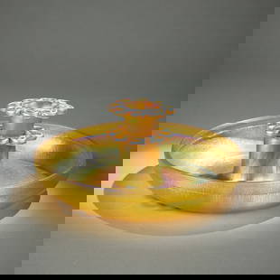 Tiffany Favrile Glass Bowl & Flower Frog Md. 2983N: Louis Comfort Tiffany, Tiffany Studios, New York. Model 2983N favrile glass flower frog. Consisting of two pieces of iridescent yellow-purple glass including the bowl and the flower frog insert. Each