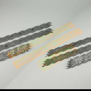 3 Pcs Tiffany Pine Needle Desk Set: Louis Comfort Tiffany, Tiffany Studios, New York. Three piece pine needle pattern desk set including:Model 999 blotter ends, impressed marks along the underside.Model 1004 pen tray with green slag gla