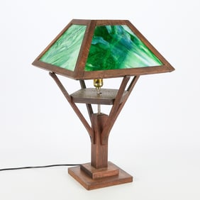 Antique Arts & Crafts Mission Oak Slag Glass Lamp