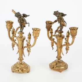 2 19th c. Classical Style Bronze Cherub Candelabra